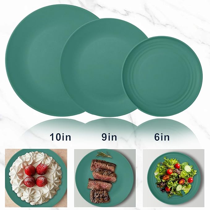 40Pack plates and bowls sets for kids - Unbreakable wheat straw dinnerware sets service for 8 - Alternative plastic 40pcs dish sets for kitchen, camping and indoors dinning - (Green)
