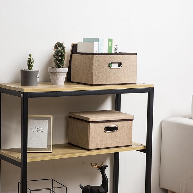PRANDOM Storage Bins with Lids [3-Pack] Jute Fabric Foldable Storage Boxes Organizer Containers Baskets Cube with Cover for Home Bedroom Closet Office Nursery khaki（11.4X8.6X6.7