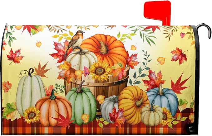 Fall Pumpkins Mailbox Cover Magnetic Standard Size 21x18inch Autumn Maple Leaves Floral Mailbox Wrap Thanksgiving Watercolor Pumpkin Harvest Post Letter Box Covers for Home Garden Yard Outdoor Decor