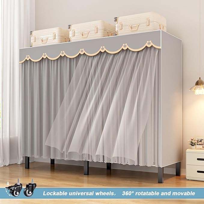 FPIGSHS Heavy Duty Clothes Rack with Cover 2000LBS Foldable Portable Wardrobe Closet for Hanging Clothing Rolling Garment Rack on Wheels for Bedroom Closet System (D(Gauze Curtain Cover, 71in)