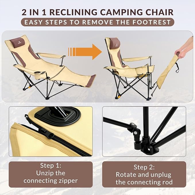 Reclining Camping Chair with Removable Footrest, 4-Position Adjustable Lightweight Folding Lounge Beach Chair with Cotton Cushion, Cup Holder & Storage Pouch for Outdoor(330lbs Capacity), Khaki