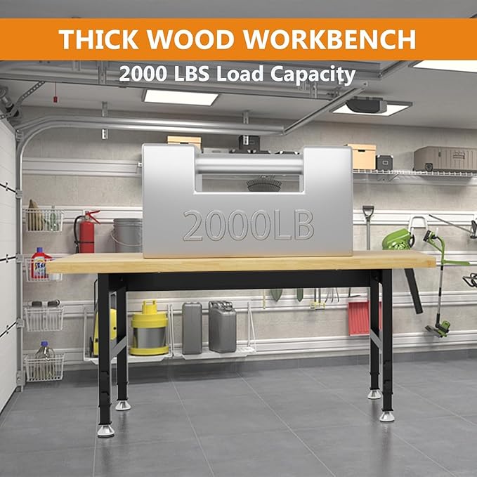 60" Work Bench, Adjustable Height Workbench, Heavy-Duty Thicker Work Table, 2000 LBS Load Capacity Workstation for Garage, Workshop, Office, Home