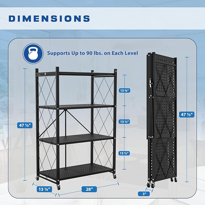 4-Tier Foldable Storage Shelf with Wheels - Metal Rack Collapsible Shelving Unit Display, Rolling Cart for Books Kitchen Storage Shelves, Pantry & Closet Organizer, Office Room Decor