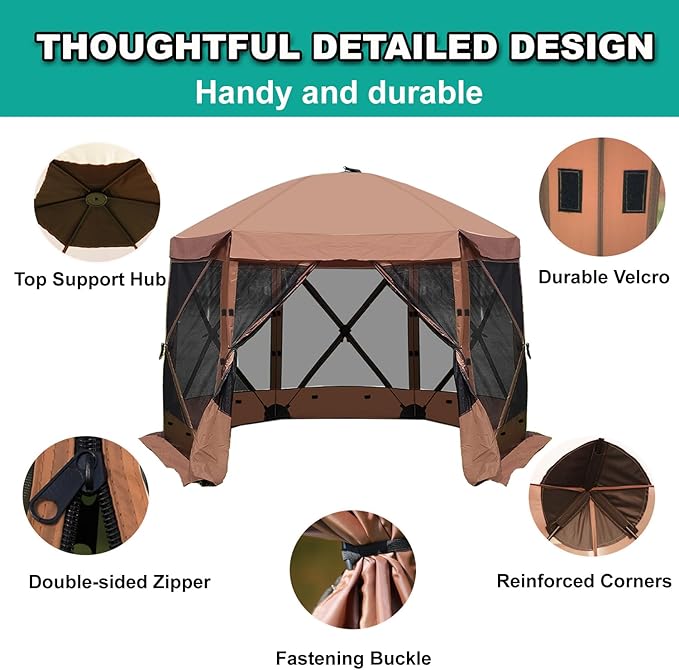 Pop Up Screen Tent, 12'x12' Windproof & UV Protection Sun Shelter, Portable Instant Setup, 6-Sided Screen Tent for Picnic, Camping, Backyard, Outdoor (Brown)