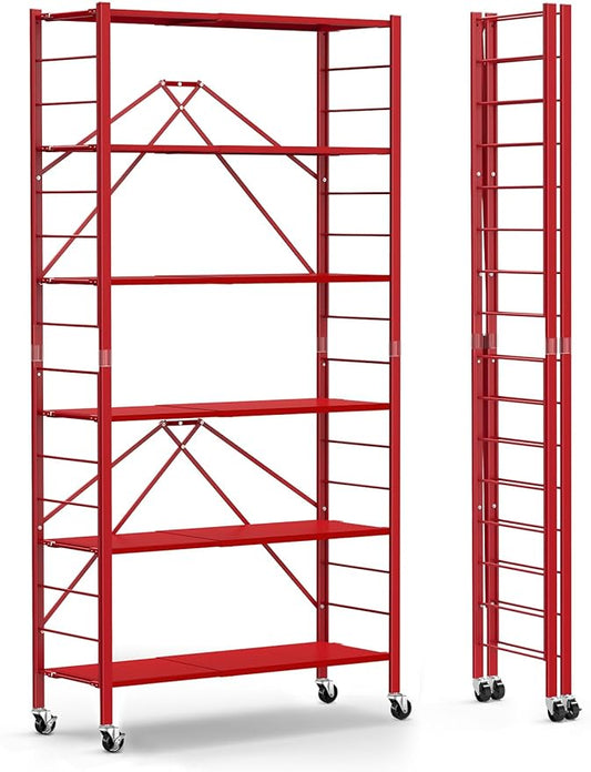 Himix 6 Tier Foldable Storage Shelves, Expandable Folding Bookshelf with Wheels, Changeable into 2 Shelf Units, Collapsible Adjustable Storage Rack Metal Shelves for Garage Kitchen, Basement, Red