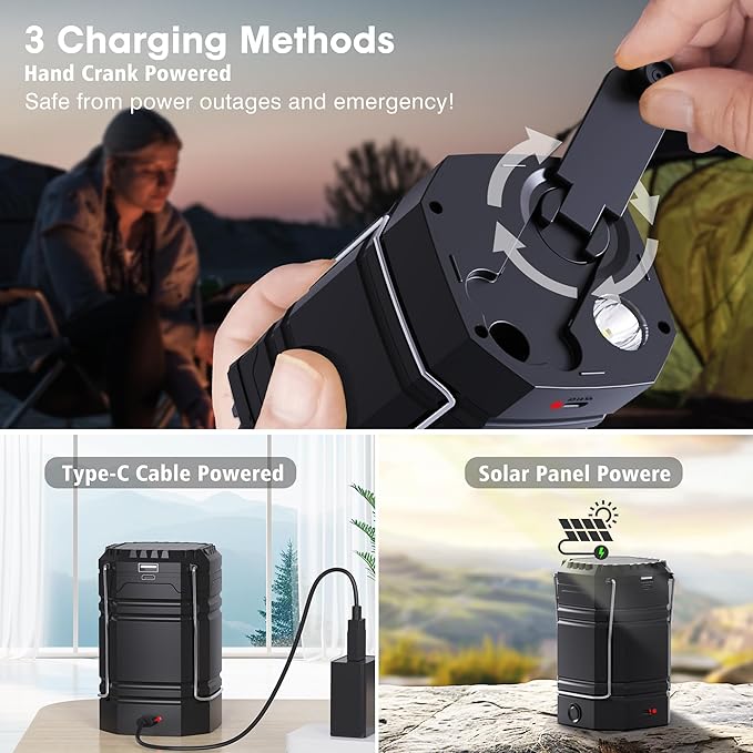 3000mAh Rechargeable Camping Lantern – Solar Powered, Hand Crank, USB-C Charging, Super Bright LED Flashlight & Tent Light, Portable Power Bank for Hurricane, Power Outages, Survival Kit
