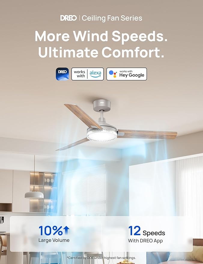 Dreo Smart Ceiling Fans with Lights, 52 Inch Grey Ceiling Fan, 12 Speeds & 3 Fan Modes, Stepless Color Tones, Dimmable LED Light, 1-12H Timer, Quiet DC Motor, Remote/APP/Alexa/Wall Switch Control