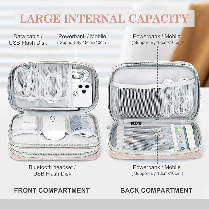 FYY Electronic Organizer, Large Travel Cable Organizer Bag Pouch Electronic Accessories Carry Case Portable Waterproof Double Layers All-in-One Storage Bag for Cable, Cord, Charger, Phone, Light Pink