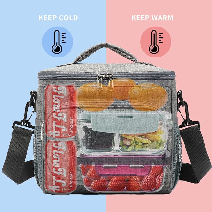 FlowFly Insulated Reusable Lunch Bag Adult Large Lunch Box for Women and Men with Adjustable Shoulder Strap,Front Zipper Pocket and Dual Large Mesh Side Pockets,Grey