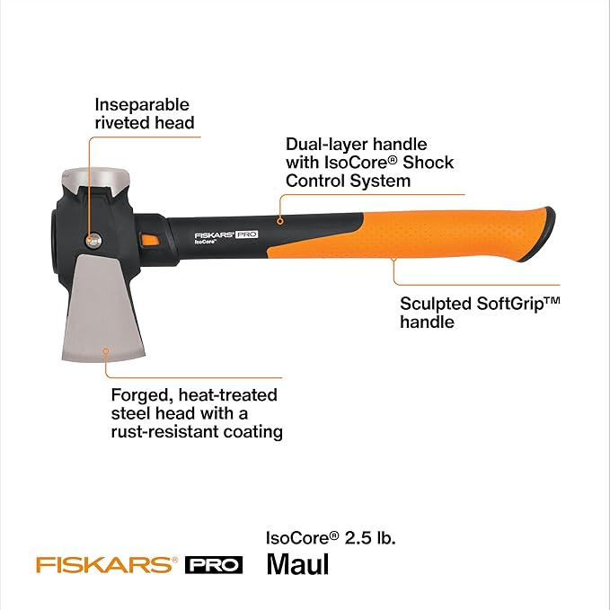 Fiskars Pro IsoCore Maul - 2.5-Pound Wood Splitter for Small Size Logs and Kindling with Shock-Absorbing Handle - Black/Orange