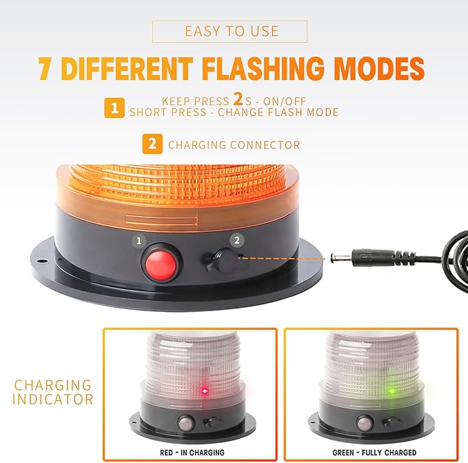 BooYu 2-Pcs Battery Operated Amber Warning Beacon Light w/Magnetic Base, Portable Rechargeable Mini Roadside Roof Top Plow LED Strobe Emergency Flash Mail Lights for Trucks/Trailer/Vehicle