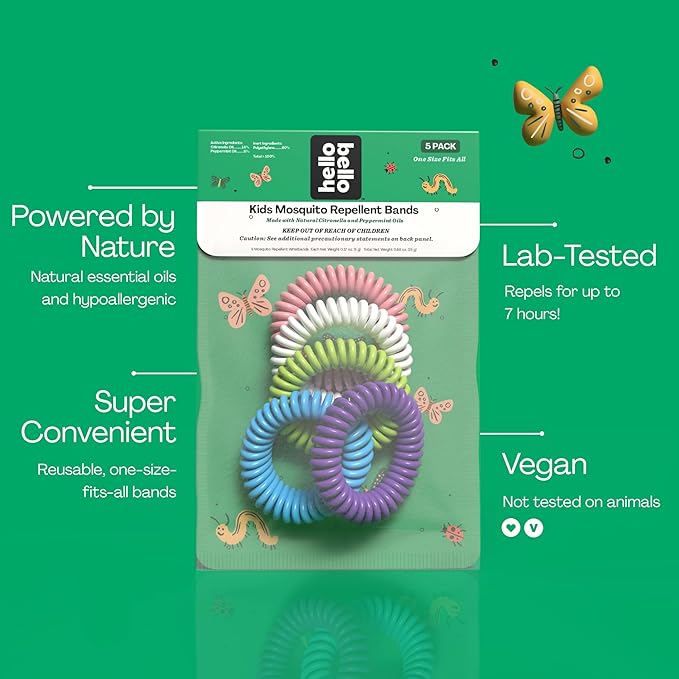 Hello Bello Kids Mosquito Repellent Bracelets, Made with Natural Citronella and Peppermint Oils, 5ct Bag