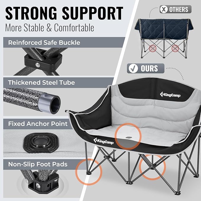 KingCamp Double Camping Chair, Oversized Heavy Duty Loveseat for Adults Portable Folding XL 2 Person Couch Padded Comfortable Two Seat with Cup Holder for Outdoor Lawn Backyard
