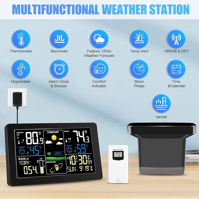 Digital Rain Gauge and Weather Station, Wireless Rain Gauge Outdoor, Home Weather Stations Wireless Indoor Outdoor with Thermometer, Barometer, Hygrometer, Atomic Clock, Weather Forecast and Alerts