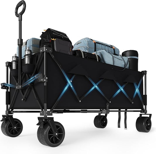 Heavy Duty Foldable Wagon for Beach, Extra Large Collapsible Foldable Wagon for Camping, All Terrain Beach Wagons Extended with Cup Holders for Sand