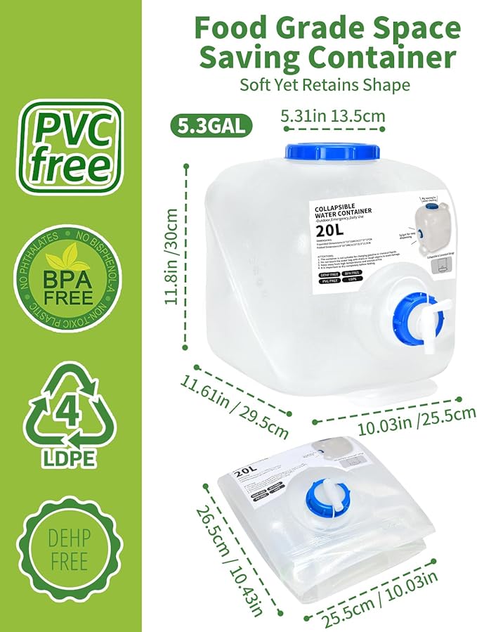 2 Pack 5.3 Gallon Collapsible Water Container Camping Water Container with Spigot,Portable Collapsible Water Jug Water Storage Containers for Outdoors Traveling Emergency,1 Extra Spigot Provided