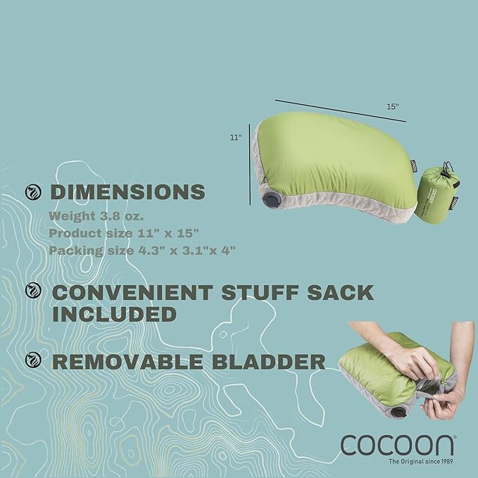 COCOON- Premium - Ultralight Inflatable AirCore Shaped Pillow - Washable Travel Air Pillows for Camping, Hiking, Backpacking (Regular 11" x 15")