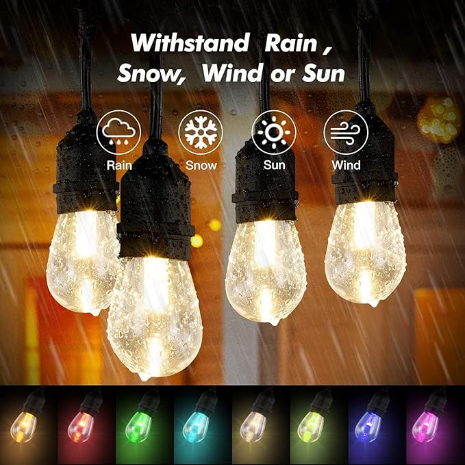 Auroraworld Outdoor String Lights RGB Solar, 48FT Dimmable Patio String Lights for Patio