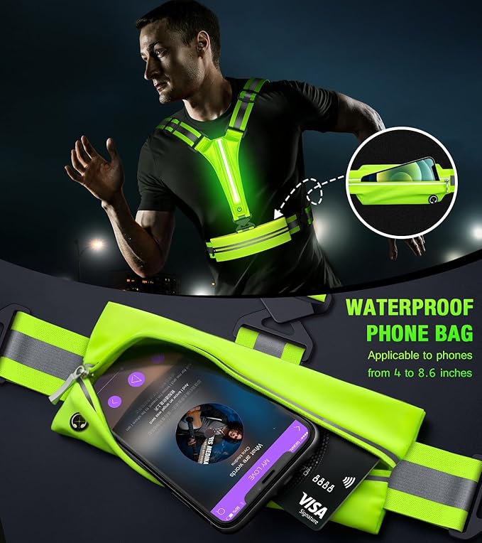 LED Reflective Vest Running Gear Set,USB Rechargeable Light Up Running Vest for Runners Night Walking with Waterproof Phone Bag,High Visibility Armband,Adjustable Waist&Shoulder for Men Women