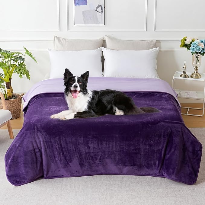 SOCHOW Waterproof Blanket for Bed Sofa Couch, Water Resistant Blanket Washable 80"x90", Reversible Leakproof Bed Cover for Adults Elderly Pets, Deep Purple & Light Purple