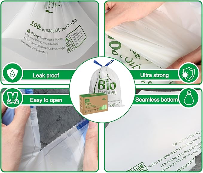8 Gallon Compostable Trash Bags, 100 Count Drawstring Trash Bags Biodegradable, Heavy Duty Extra Thick Compost Bags, Kitchen Food Scrap Waste Bag, US BPI and OK Compost Home Certified