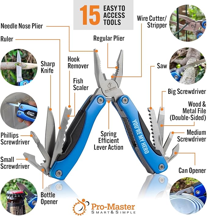 YOU ARE MY HERO Multitool 15-in-1 | Practical Gift for Dad Husband Grandpa Son, Engraved Multi Tool for EDC & Outdoors, Great Birthday Appreciation Gift from Daughter Son Wife, Unique Gadget for Men