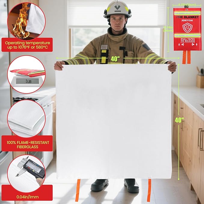 Emergency Fire Blanket Fire Suppression Blanket for Kitchen Fiberglass Fire Blanket Fireproof Blanket Grill Home School Fireplace Car Office Warehouse House Camping Metal Hooks Whistles 40"x40" 5 Pack