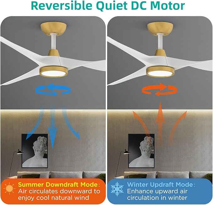 Roomratv Ceiling Fans with Lights,Large Airflow 52inch Modern Ceiling Fan with Quite Reversible DC Motor 3 Color Temperature LED Light (White Gold)