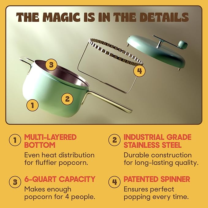 POPSMITH Mint Stovetop Popcorn Machine - 6 Quart, 10 Popcorn Kits (5 Movie Theater, 5 Kettle Corn), Stainless Steel