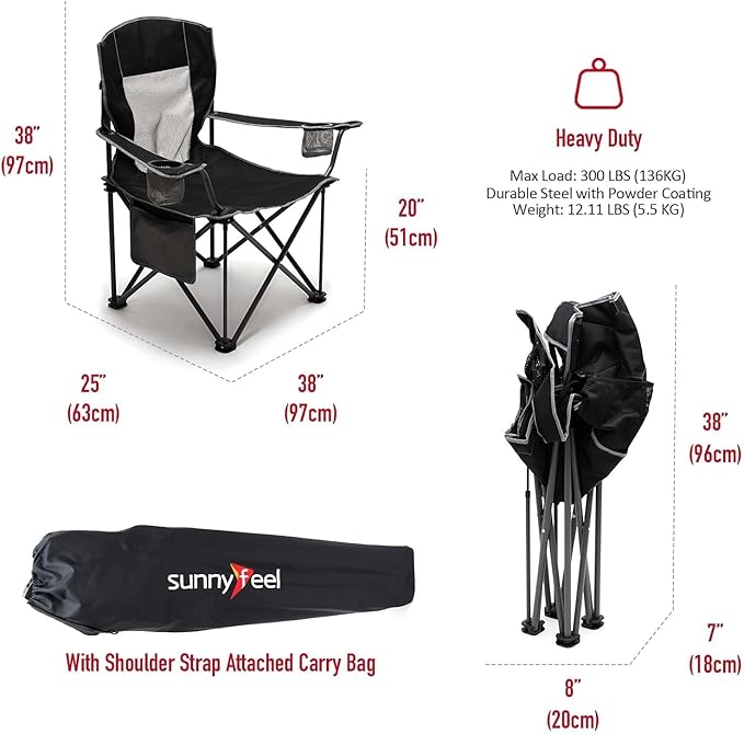 SUNNYFEEL Oversized Folding Camping Chair 500 LBS Heavy Duty Lawn Chairs for Adults Black Portable Folding with Armrest, Cup Holder, Pocket ＆Bag for Outdoor Camping/Beach/Travel/Picnic/Fishing