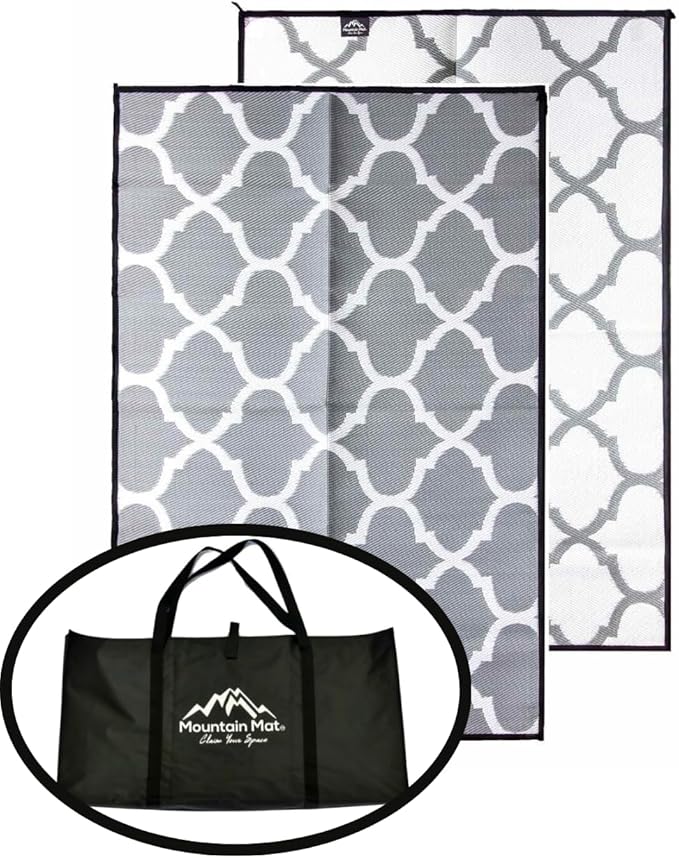5x7 Gray Lattice RV Patio Mat w Carry Bag – Extra Thick 5mm Recycled Poly Rug – Waterproof, Reversible, Heavy-Duty – Premium Outdoor Mat Camping (Gray Lattice with Carry Bag, 5'x7')