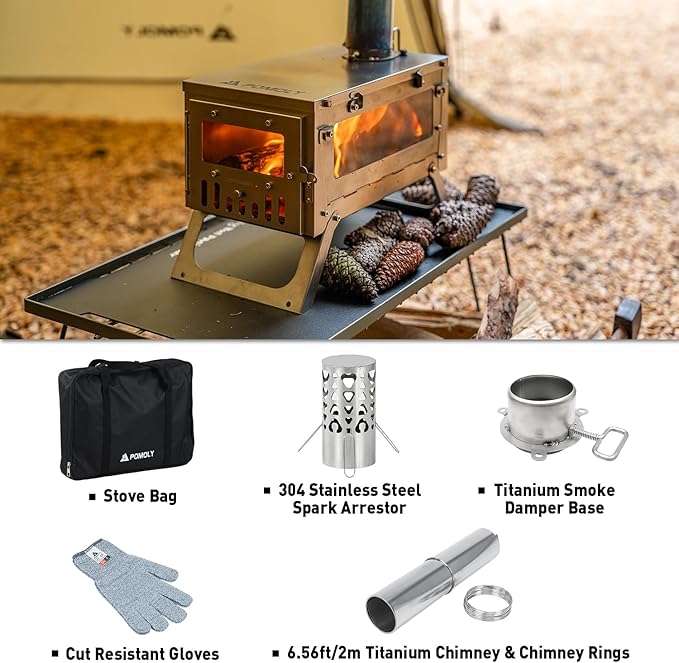 Camping Hot Tent Stove Wood Stove, POMOLY Ti Mini 0.6 Portable Lightweight Titanium Stove for Hiking, Cooking, Heating (Stove Pipe 6.56ft / 2m), Small, Slivery