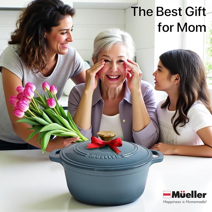 MÜELLERHOME 7.5 Quart Enameled Cast Iron Pot Dutch Oven, Heavy-Duty, Oven-Safe up to 500° F & Across All Cooktops, Bread Pan with Lid & Knob, Cast Iron Cookware, Blue Kitchen Accessories, Mineral Blue