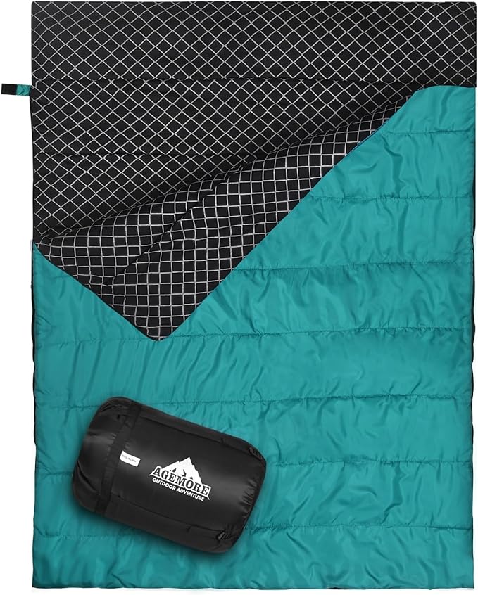 AGEMORE Cotton Flannel Double Sleeping Bag for Camping, Backpacking Or Hiking. Queen Size 2 Person Waterproof Sleeping Bag for Adults Or Teens. Lightweight with Compression Sack