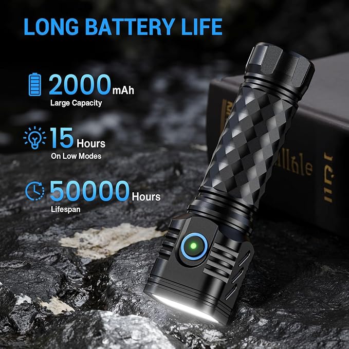 Rechargeable Flashlights High Lumens, Flashlights Rechargeable, Super Bright Flashlight, Waterproof Flash Light, High Powered 2000mAh LED Flashlight for Emergency Home Camping Essentials