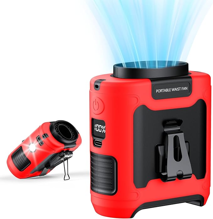 AI Portable Waist Clip Fan, Upgraded 10000mAh Rechargeable Battery Wearable Belt Personal Fan, 16000RPM Powerful 5 Speeds Shirt with Flashlight Neck Hands-Free 40H Cooling (Red)