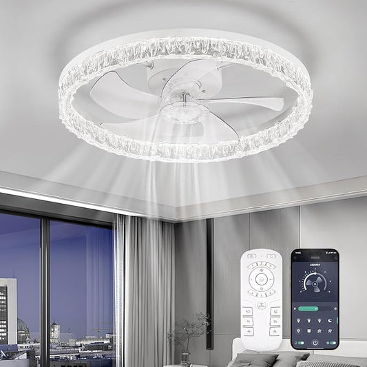 Low Profile Ceiling Fans with Lights and Remote, Fandelier Ceiling Fan Flush Mount, 3000K-6500K Smart 5 Fan Blades LED Fan Light, Modern Ceiling Fans with Lights for Bedroom