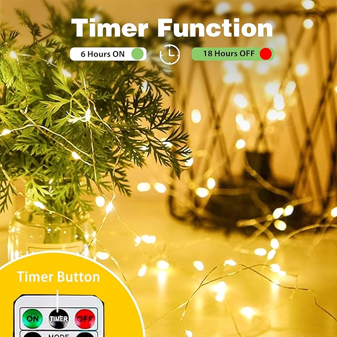 2-Pack Fairy Lights Battery Operated with Remote, Waterproof 66FT 200 LED Battery String Lights Outdoor Indoor, 8 Modes Twinkle Lights with Timer for Bedroom Wedding DIY Christmas Decor (Warm White)