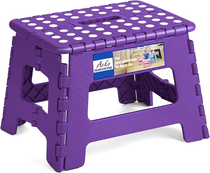 ACKO Folding Step Stool 9 Inch 300 lb Capacity, Plastic Foldable Step Stools for Kids and Adults, Folding Stools Suitable for Kitchen, Stepping Stool with Handle Purple 1PC