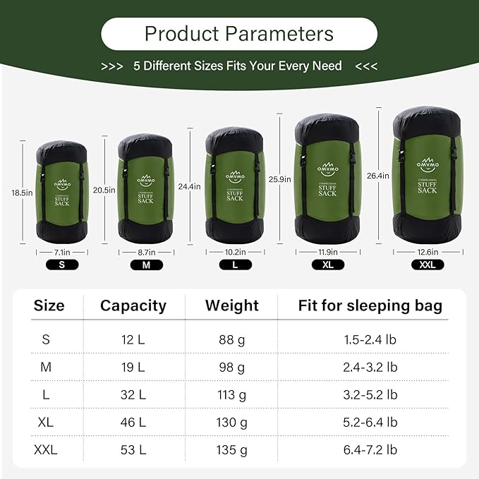 Compression Sack, 12L/19L/32L/46L/53L Water-Resistant Sleeping Bag Stuff Sack,Anti-Tear Ultra Light 400T 20D Nylon Storage Bag,Space Saving Gear for Camping Hiking Travel 1Pcs