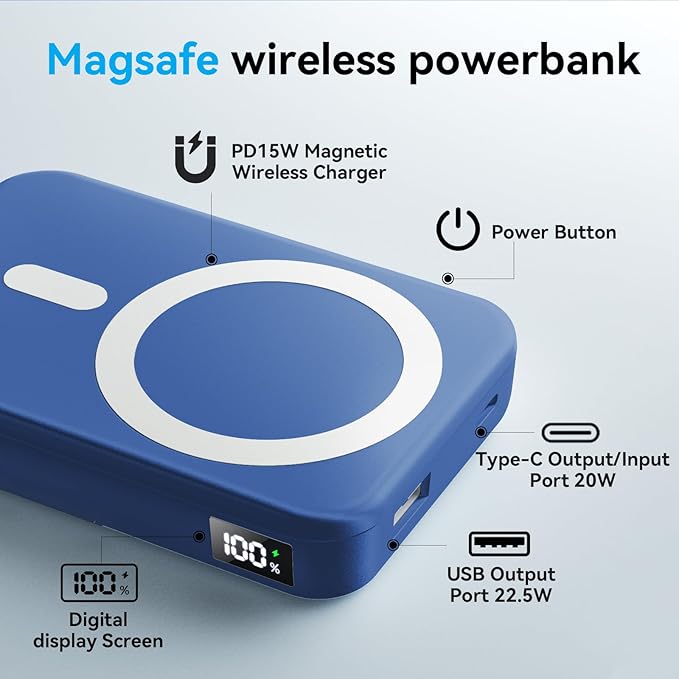 Magnetic Power Bank, 10000mAh Wireless Portable Charger with 20W USB-C Fast Charging, Foldable Stand & LED Display Battery Pack, Compatible with iPhone 16/15/14/13/12, Blue