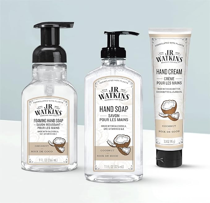 J.R. Watkins Foaming Hand Soap Pump with Dispenser, Moisturizing Hand Soap Foam, Alcohol-Free and Cruelty-Free, Use for Kitchen or Bathroom, Coconut, 9 fl oz, 3 Pack