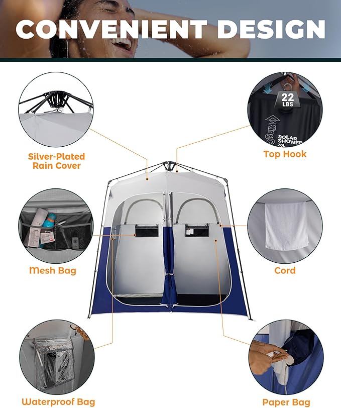 KingCamp Camping Shower Tent, Instant Portable Privacy Shelter, 1/2 Room Large Outdoor Toilet Tent with Floor, Water-Resistant, Windproof & Easy Setup for Beach, Camping & Hiking