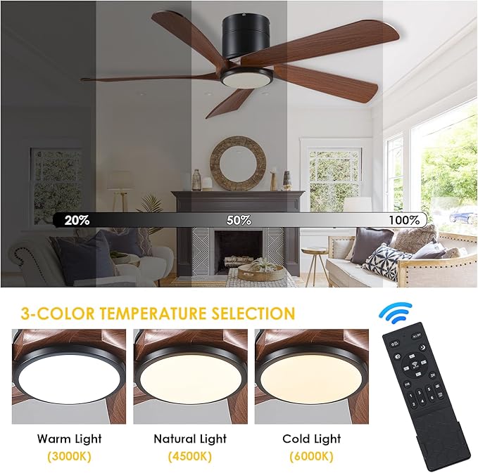 Flush Mount Ceiling Fans with Lights Low Profile - 54" Modern Ceiling Fan, 5 Blades, Reversible and Dimmable LED Light, Indoor Ceiling Fan Light for Bedroom, Covered Outdoor, Brown