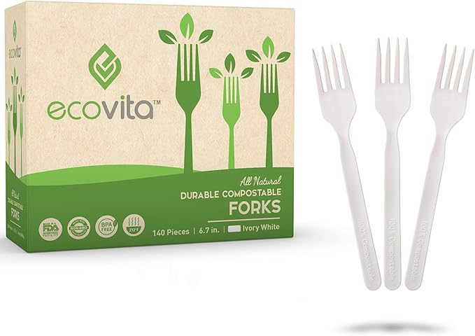 100% Compostable Forks - 140 Large Disposable Utensils (7 in.) Eco Friendly Durable and Heat Resistant Alternative to Plastic Forks with Convenient Tray by Ecovita