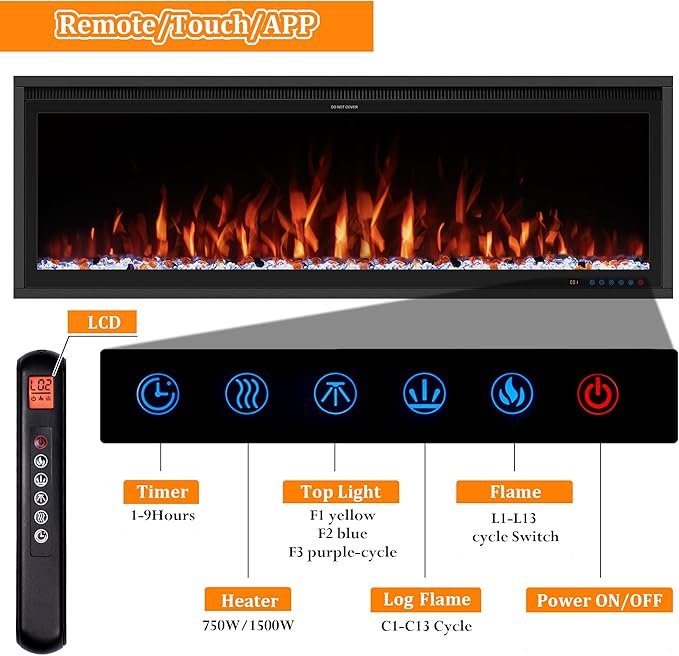 Benrocks 60'' WiFi- Enabled Electric Fireplace Inserts - Alexa & App Control, Slim Recessed & Wall Mounted, 13 * 13 * 3 Flame Color Combinations, 750W/1500W, Black
