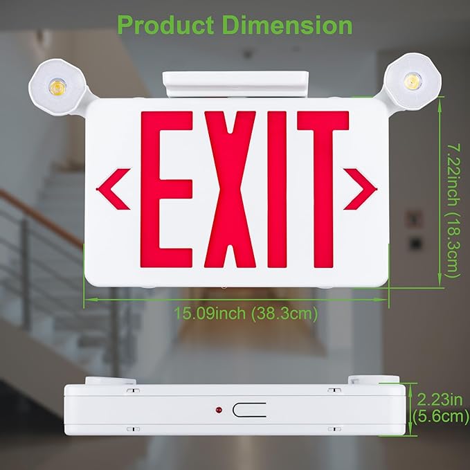 Gruenlich Red Exit Sign with Emergency Lights, 2 Adjustable LED Heads and Backup Battery, UL 924, AC 120/277V, Commercial Hardwired Exit Light for Business, 4 Pack