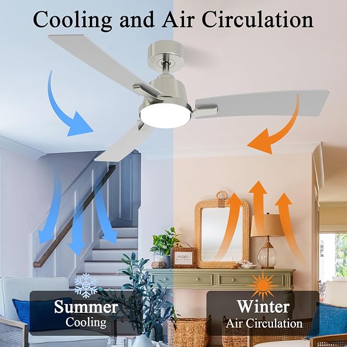 52 Inch Ceiling Fans with Lights,Low Profile Ceiling Fan,Modern Flush Mount,Reversible 6 Speeds,3CCT Dimmable Noiseless Ceiling Fans for Living Room,Bedroom and Patio,ETL Listed