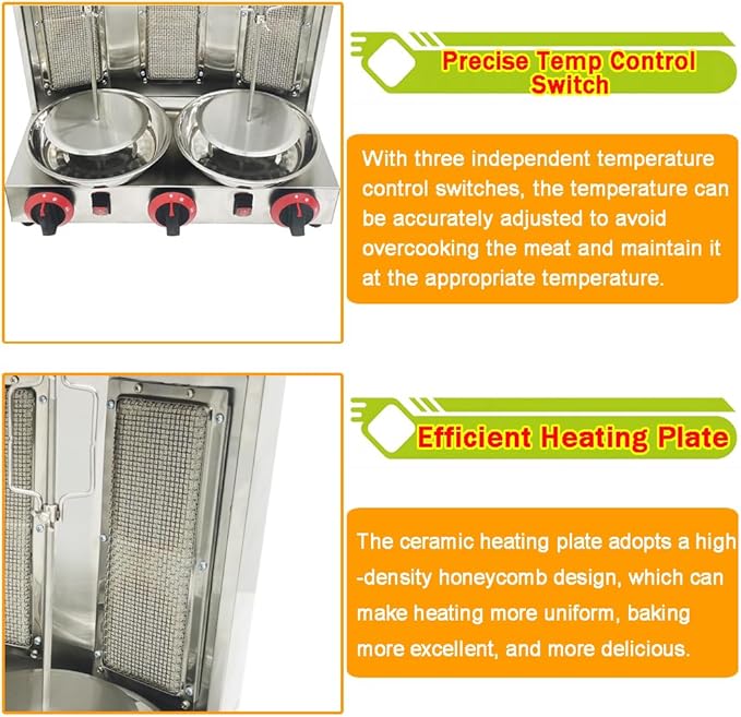 LP Gas Shawarma Grill Machine Vertical Broiler Rotating Doner Kebab Machine Countertop Rotisserie Gyro Grill Oven with 3 Burners for Home Kitchen Adjustable Tempereture