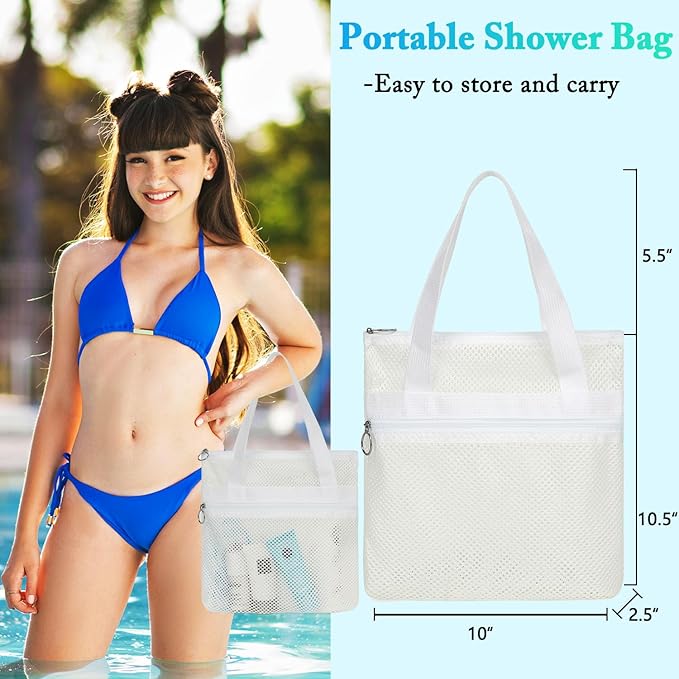 Mesh Shower Caddy Portable with Zipper & 2 Pockets - Quick Dry Shower Caddy Hanging for Travel Gym Camp Beach - Bathroom Organizer Bag Essentials for College Dorm